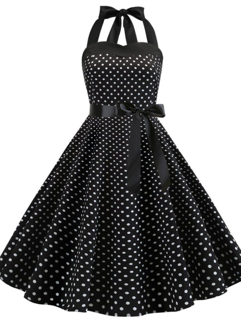 Retro Polka Dot Halter Fit & Flare Dress With Waist Sash